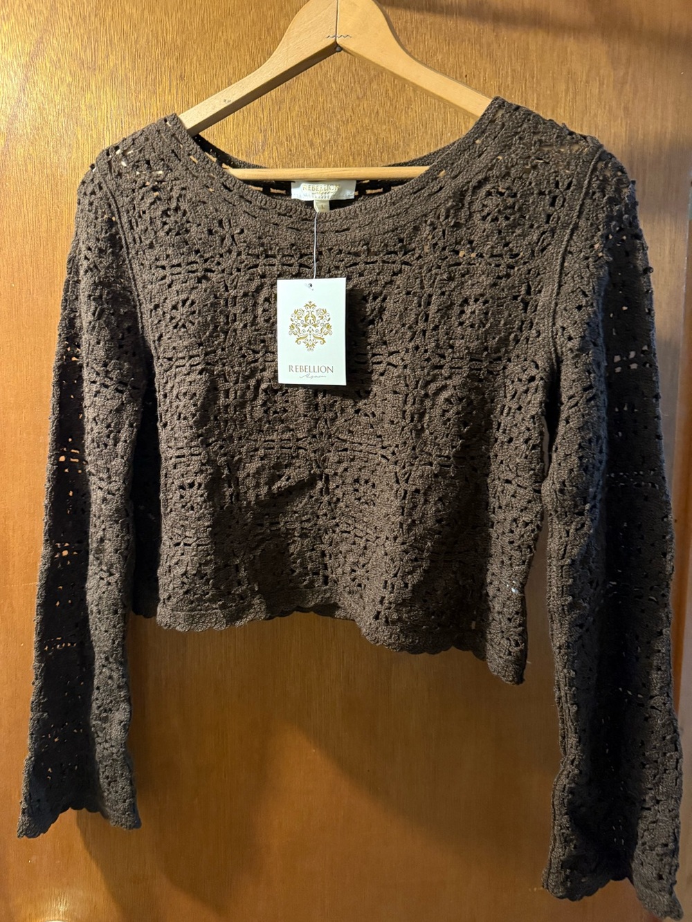 Rebellion Dark Brown Crocheted Long-Sleeve Crop Top